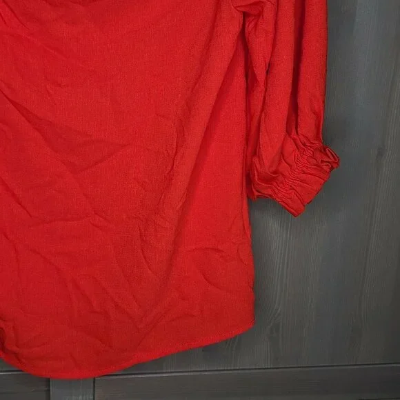 Elodie Blouse Womens XS Red Orange Cold Shoulder Elastic Cuff Sleeve Ruffle - Picture 7 of 11
